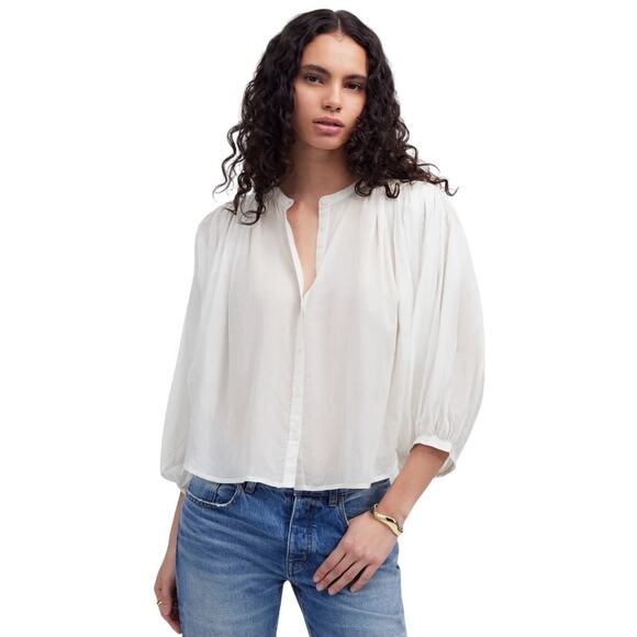 Madewell Shirred Balloon Sleeve Crewneck Button-Up Top WMNS M White Lightweight - Picture 1 of 8